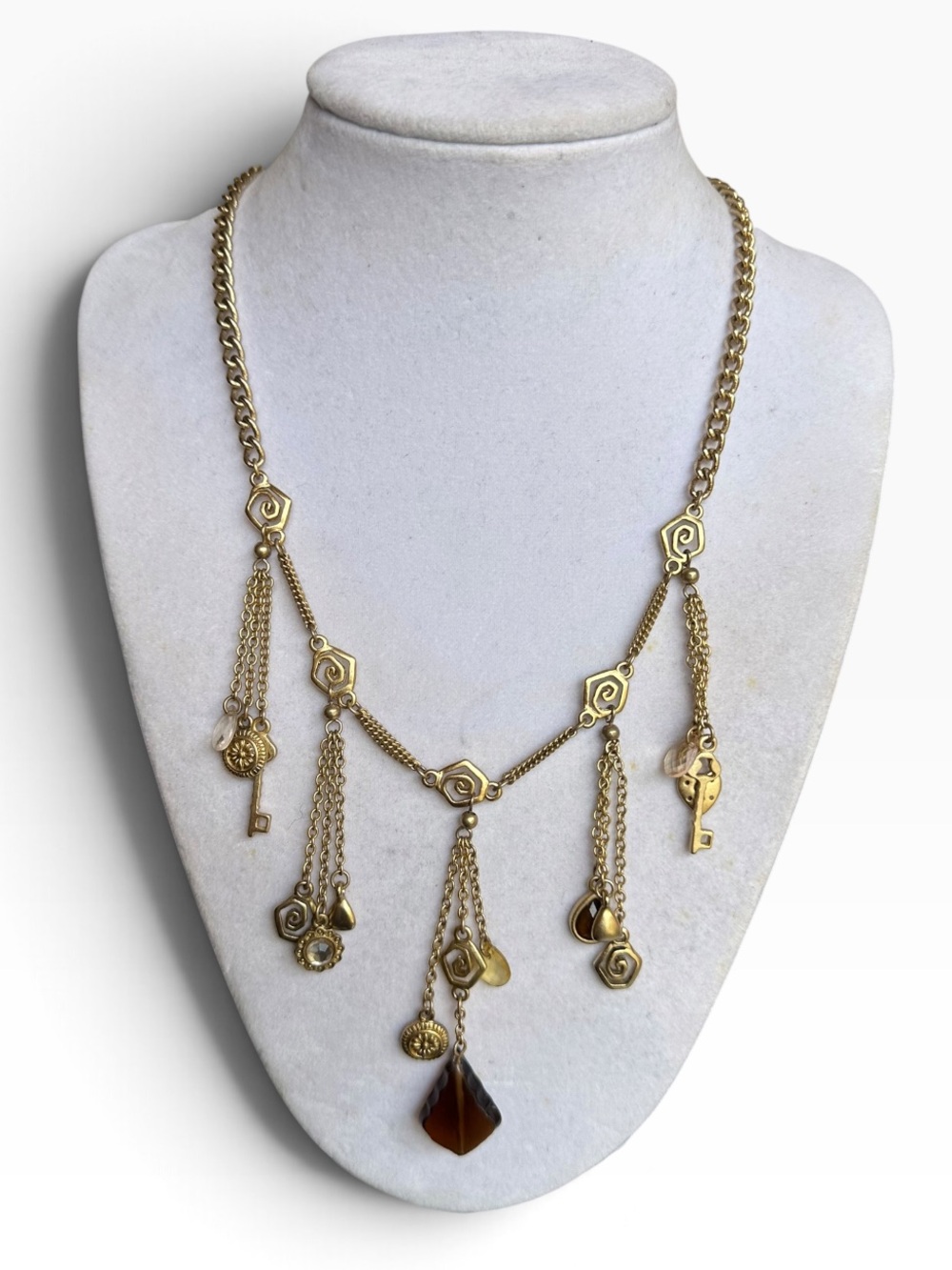 Vintage Gold Tone Chatelaine Fringe Bib Charm Necklace Key Amber Resin